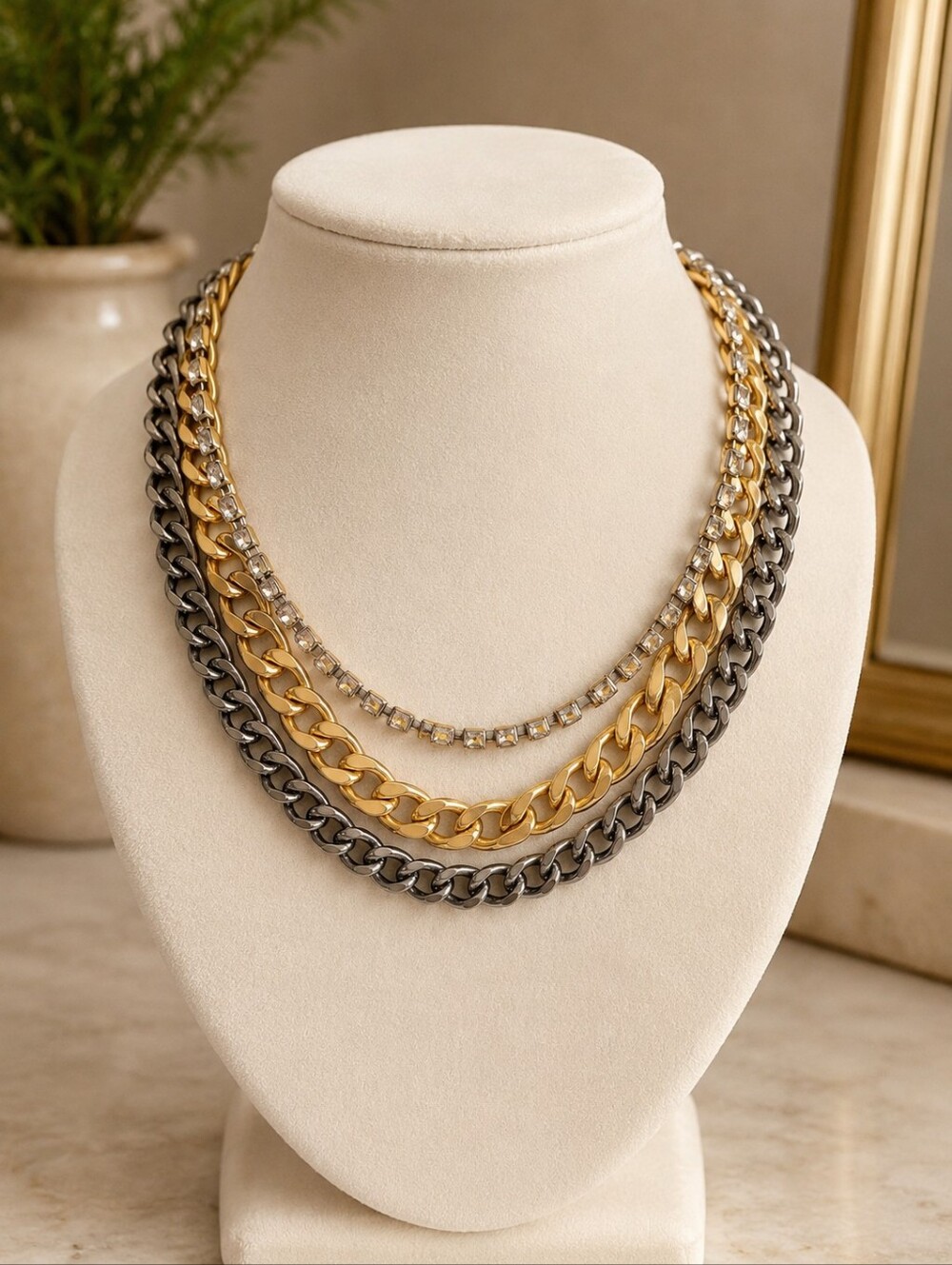 Chunky Mixed Metal Rhinestone Layered Chain Statement Necklace